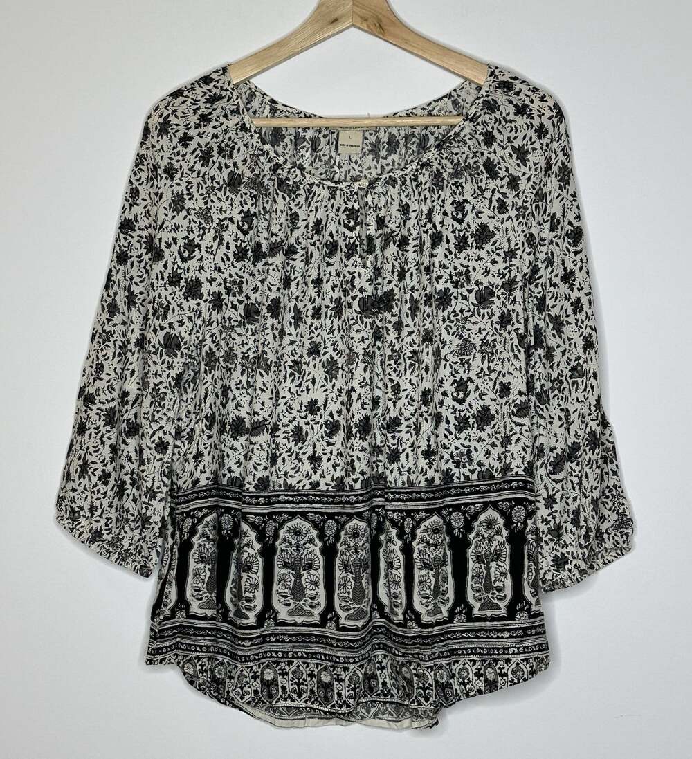 Lucky Brand Paisley Peasant Top Womens Size L Prairie Boho Hippie Rayon Black